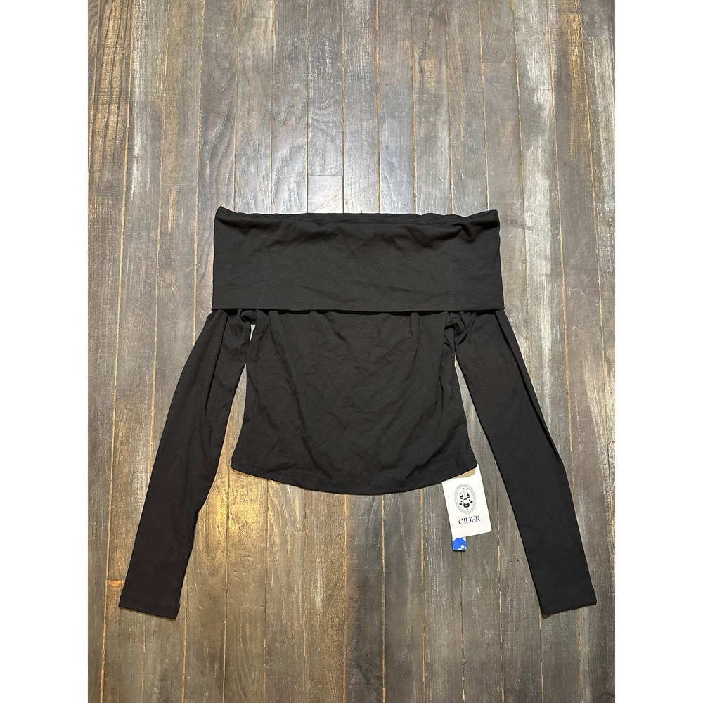 Cider Black‎ Off The Shoulder Long Sleeve Top Solid Fold Over Neckline NWT